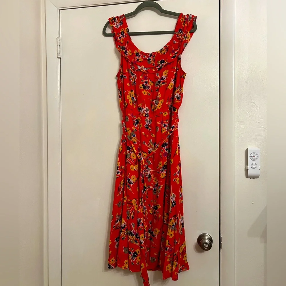Anthropologie Vibrant Orange Red Lined Floral Midi Dress - Picture 1 of 7